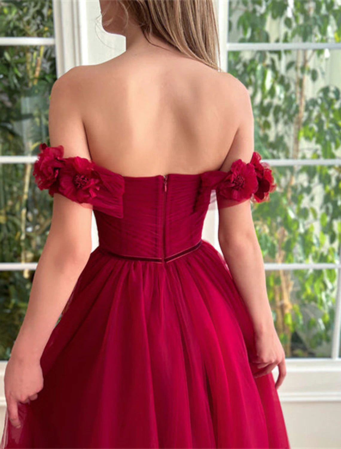 Vestidos de fiesta de corte A, vestido floral, para invitados de boda, fiesta de bodas, cola larga/corta, manga corta, hombros descubiertos, tul con abertura y tiras